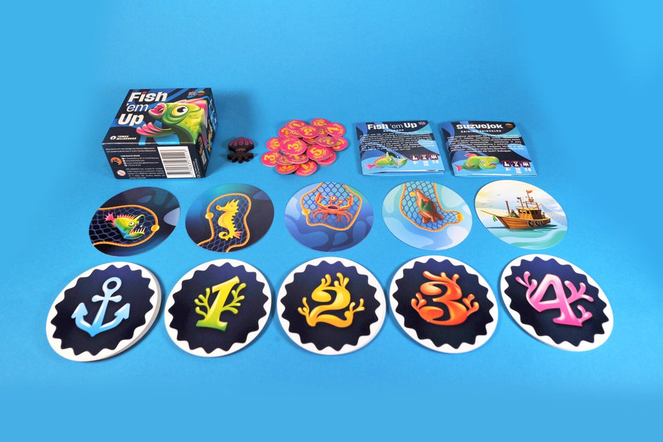 ​Fish em Up party board game box with a components