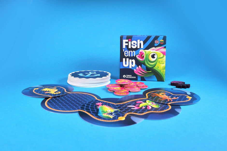 ​Fish em Up party board game box front cover with game cards and tokens