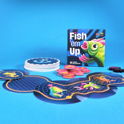 ​Fish em Up party board game box front cover with game cards and tokens