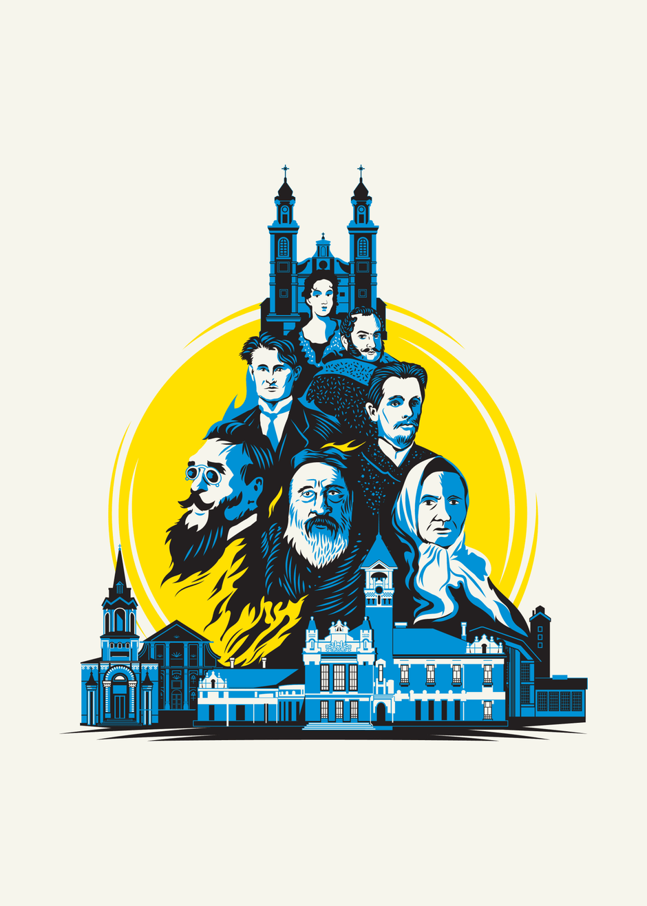 A stylized graphic illustration featuring multiple illustrated faces and architectural landmarks in blue, black, and white, arranged around a large yellow circular backdrop on a light cream background.