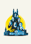 A stylized graphic illustration featuring multiple illustrated faces and architectural landmarks in blue, black, and white, arranged around a large yellow circular backdrop on a light cream background.