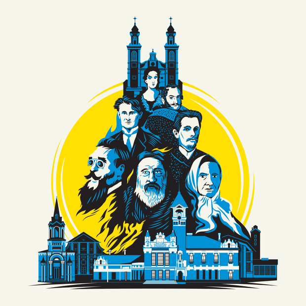 A stylized graphic illustration featuring multiple illustrated faces and architectural landmarks in blue, black, and white, arranged around a large yellow circular backdrop on a light cream background.
